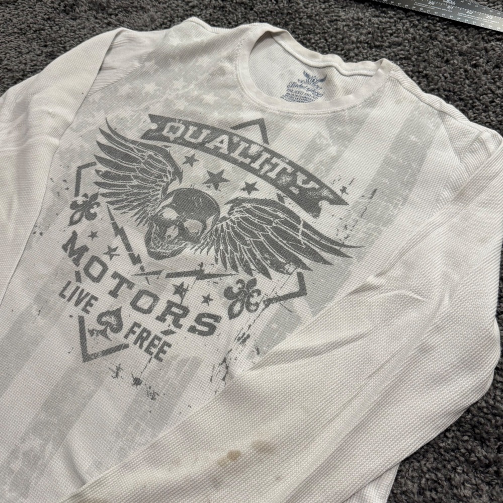 Grunge Faded Glory Thermal Shirt Mens White Fair Distressed Biker Skull 2XL